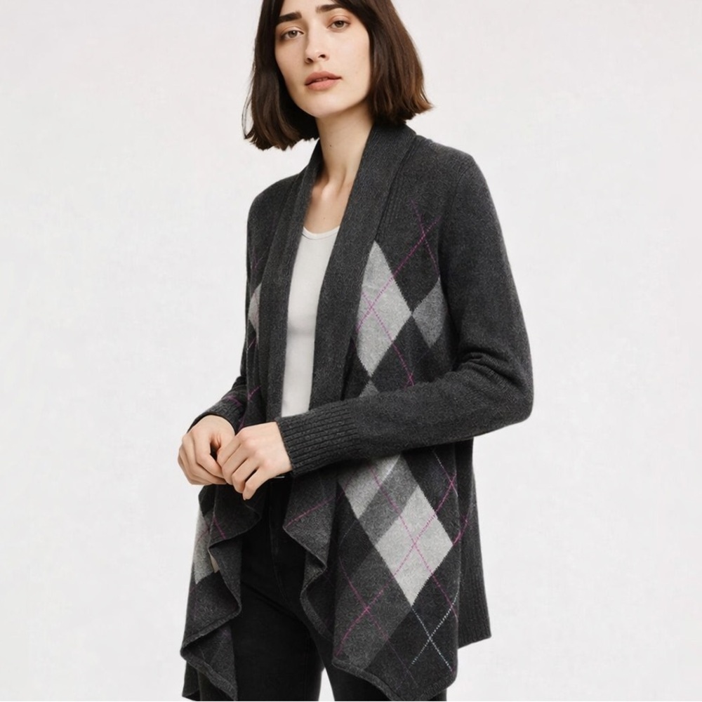Autumn Cashmere Gray Argyle Open Cardigan Drape $360. Excellent Size S